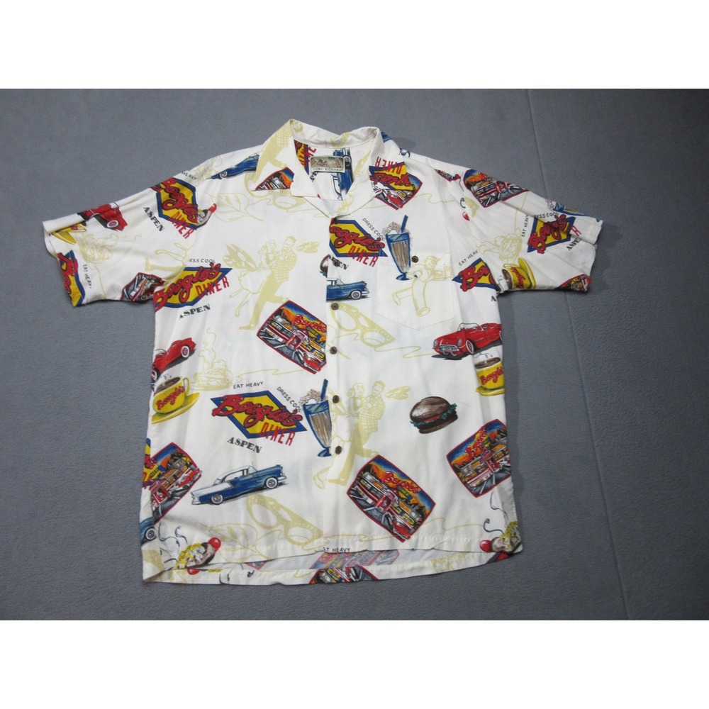 Tori Richard Vtg Shirt Mens Large White Boogies Diner Hawaii Car Button Up